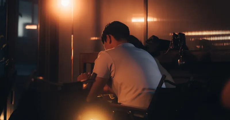 A romantic evening indoors with a couple enjoying cozy, warm lighting.
