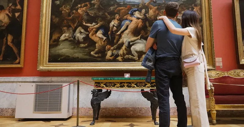 Romantic couple admiring a large classical painting in a museum art gallery.