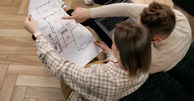 A couple examines a house blueprint together, exploring future home possibilities.