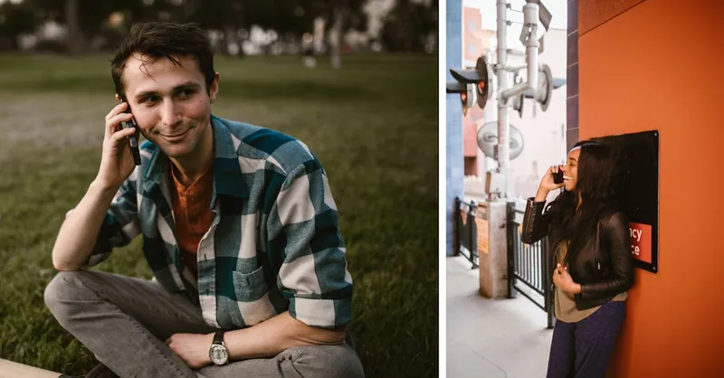 Young friends enjoying a phone conversation from different locations, embodying long-distance friendship.