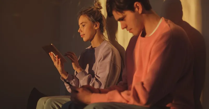 A young couple sitting together indoors, engaged with electronic devices in warm sunlight.