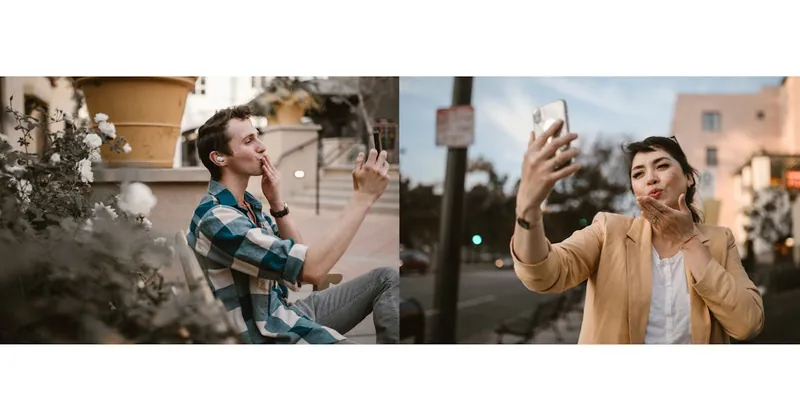 A couple sharing a virtual kiss via smartphones, highlighting long-distance love and connection.