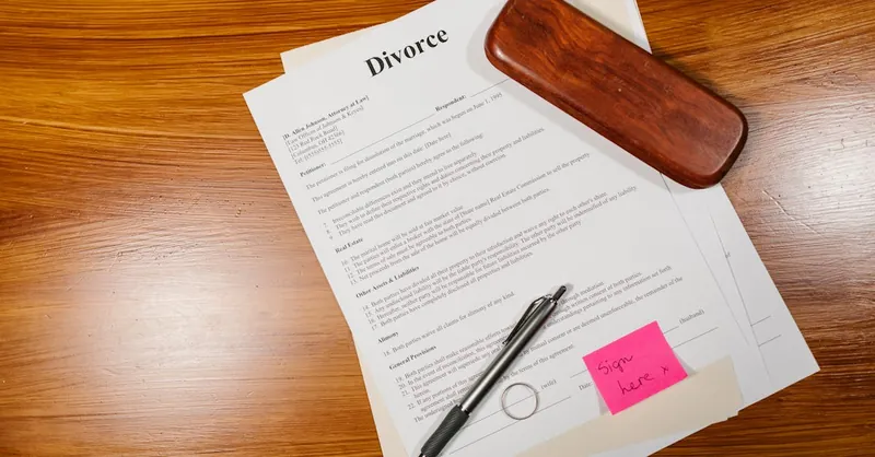 Flat lay of divorce papers with a pen and ring on a wooden table for legal themes.