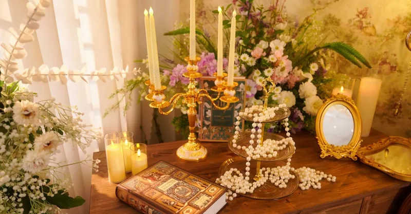 A sophisticated vanity setup with candles, flowers, and vintage decor creates a warm, elegant atmosphere.