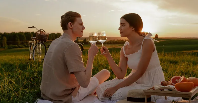 Couple enjoying a romantic picnic with wine at sunset in a serene outdoor setting.
